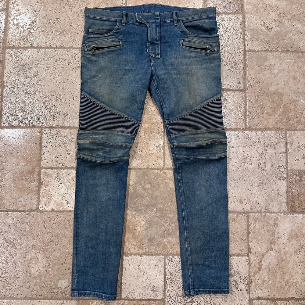 Balmain Biker Distressed Stone Wash Blue Denim Jeans